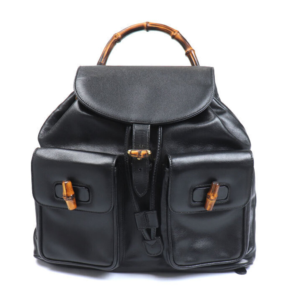Gucci Bamboo Daypack Drawstring Backpack Rucksack Leather Black
